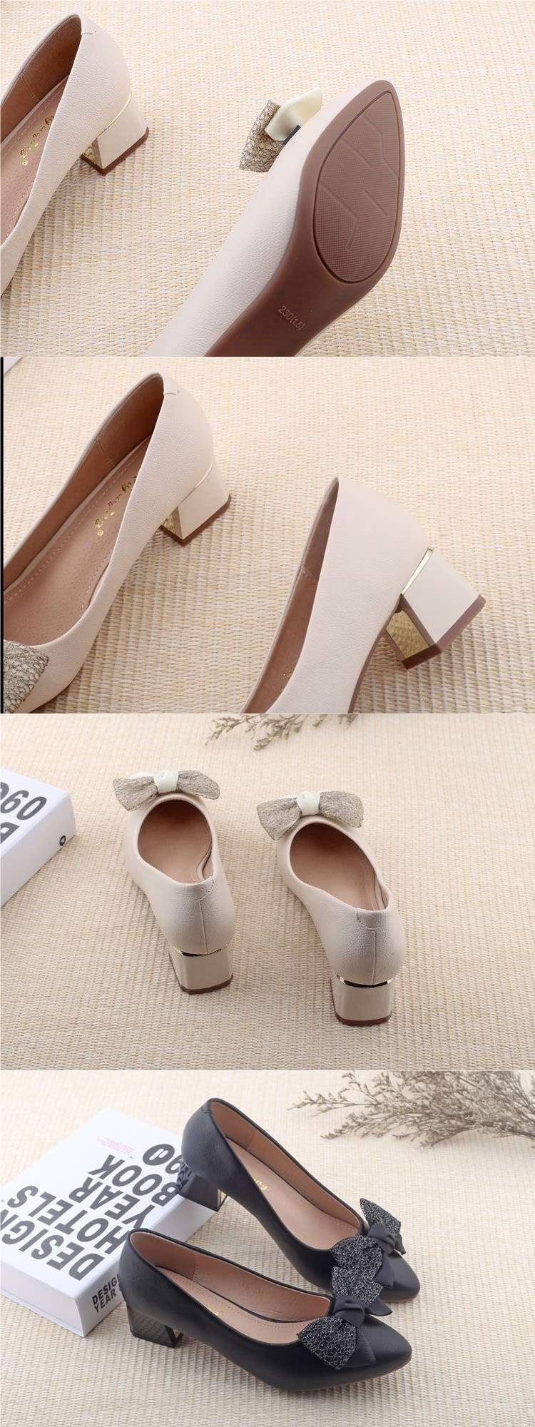 2025Spring Korean Style New Shallow Mouth Chunky Heel Youth French High Heels Fashionable Bowknot Elegant Single Shoes
