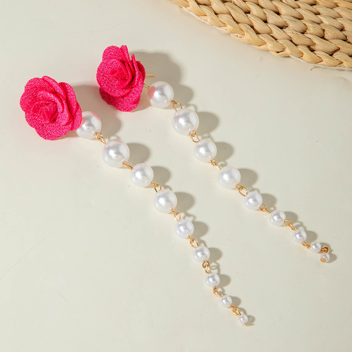 European and American Fresh Fabric Colorful Pearl Earrings Sweet Rice Bead Tassel Tulip Flower Earrings