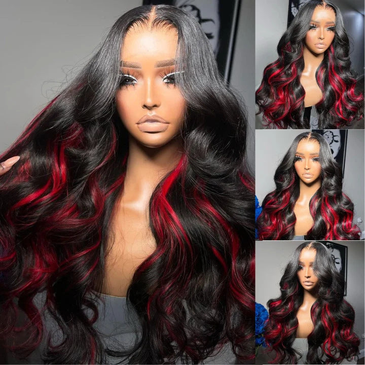 Black With RED Lace Front Wigs 13X4 Body Wave Synthetic Wigs