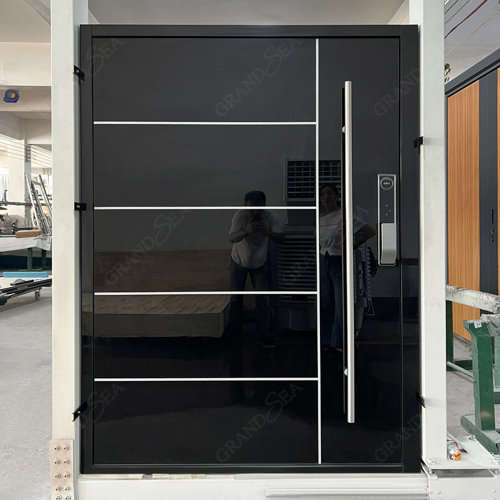 USA Style Exterior Modern High Glossy Black Solid Metal Front Aluminum Stainless Steel Pivot Entry Doors Price