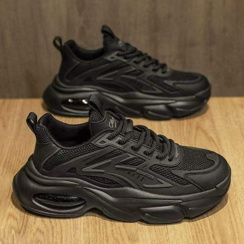 Men's Shoes Summer2025New Pure Black Thick-Soled Black Warrior Air Cushion Casual Sports Shoes Dad ins Trendy Shoes