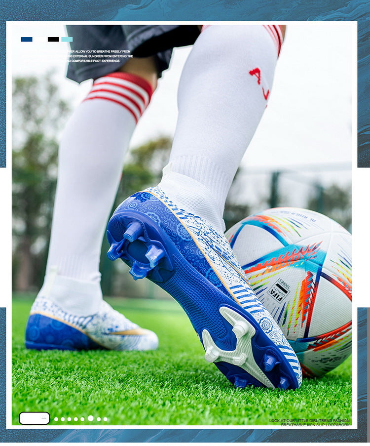 World Cup Same Style Blue and White Porcelain High-top Soccer Shoes for Men and Women, Children and Youth Competition Training Shoes