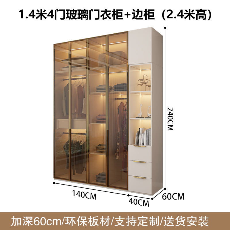 Glass Door Wardrobe with Lights, Solid Wood, Home Bedroom, Modern Simple European Pine Board, Cream Color, Skin Feel Storage, Large Wardrobe