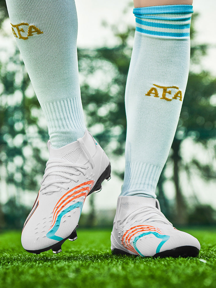High-top Unisex Youth Soccer Shoes with Broken and Long Spikes for Grass Field Competition Training Student Sports Shoes