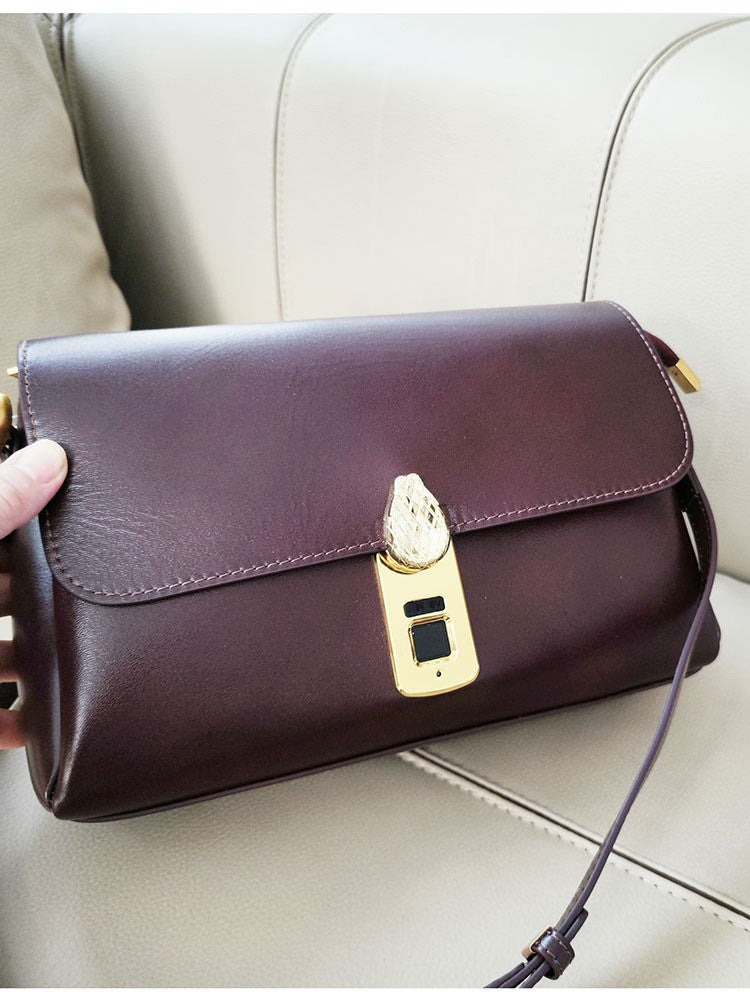 Fingerprint Unlock Bag Niche Genuine Leather Women's Bag High-end Flocked Top Layer Cowhide Single Shoulder Crossbody Commuter Underarm Bag