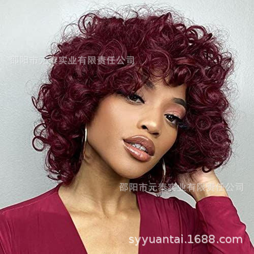 Wine Red Short Bouncy Curly Bob Wig with Bang Human Hair wig