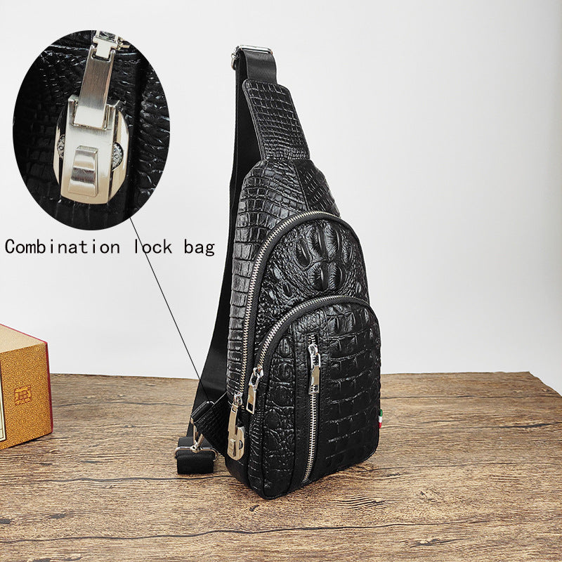 2025New European and American Fashion Crocodile Pattern Top Layer Cowhide Men's Password Lock Genuine Leather Chest Bag High-end Crossbody Bag