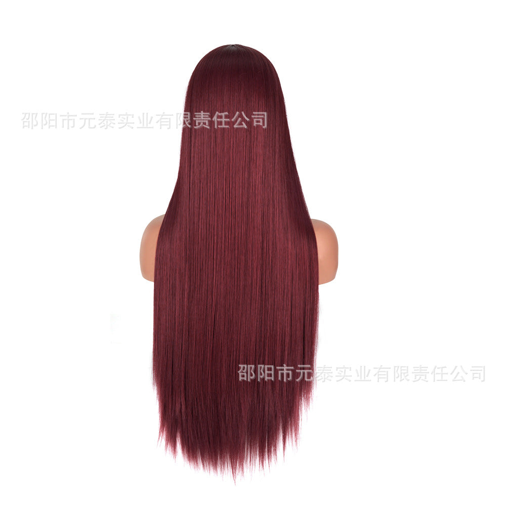 Front Lace13*4Wig in burgundy color28Inch Long Straight Hair Synthetic Fiber Headband Hot Sale wigs High-Temperature Wig with Side Bangs