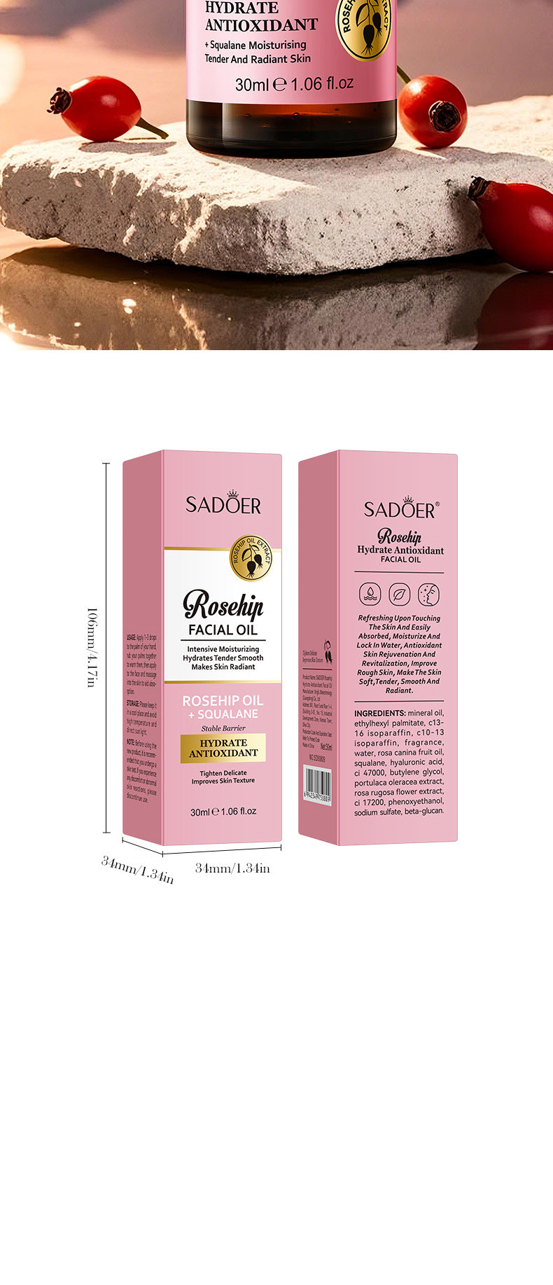 Rosehip Antioxidant Hydrating Essence SADOER Moisturizing facial essential oil cross-border foreign trade wholesale
