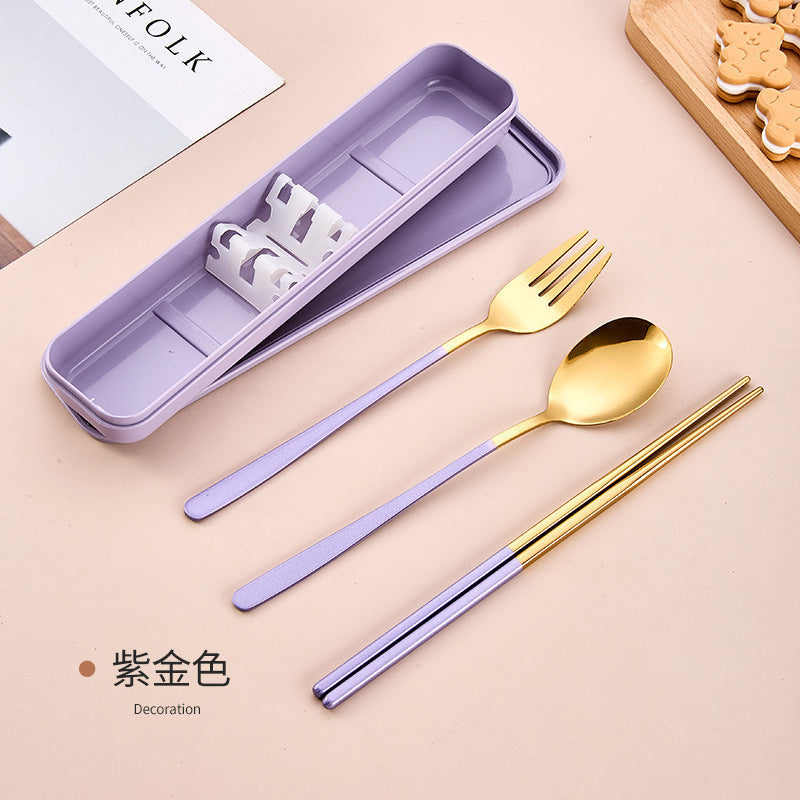 Stainless Steel Korean Portable Tableware Set Spoon Fork Chopsticks Three-Piece Set Student Travel Internet Celebrity Tableware