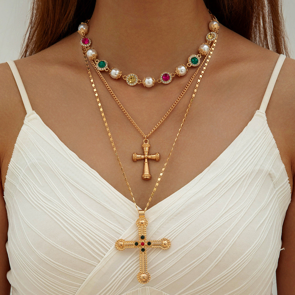 European and American Retro Hollow Diamond Cross Pendant Necklace Gothic Style Black Layered Wear Y Type Necklace