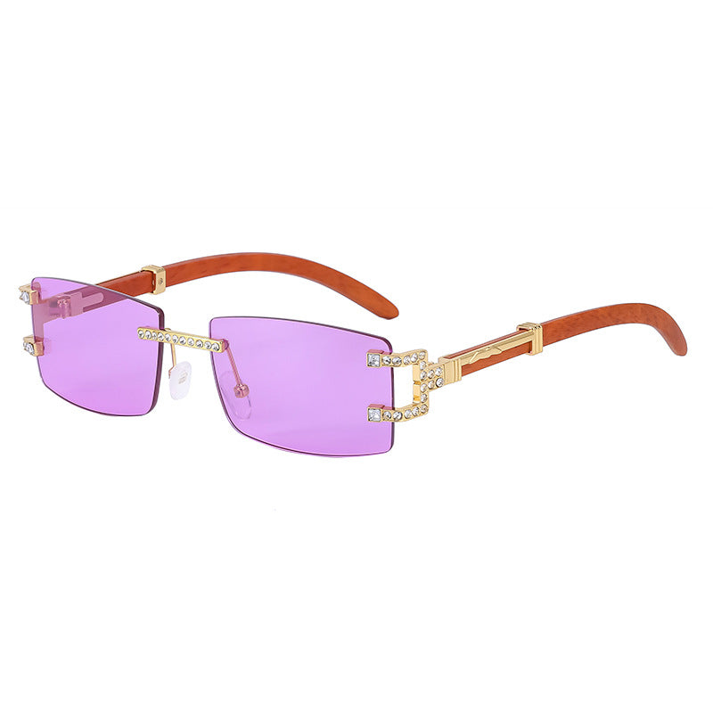 Imitation Wood Grain Leg Retro Sunglasses for Men Fashion Trend Diamond-Studded Rimless Sunglasses Men's Sun Protection Square Frame Glasses Street Style
