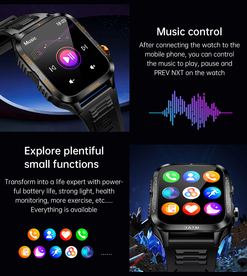KT89Smart Watch Bluetooth Call True Heart Rate Step Sleep Flashlight Deep Waterproof Three-Proof Sports Reminder