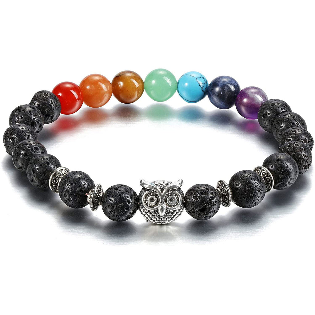 Colorful Tiger Eye Owl Bracelet Natural Stone8mm Bead Spacer Bracelet Volcanic Pink Crystal Owl Bracelet