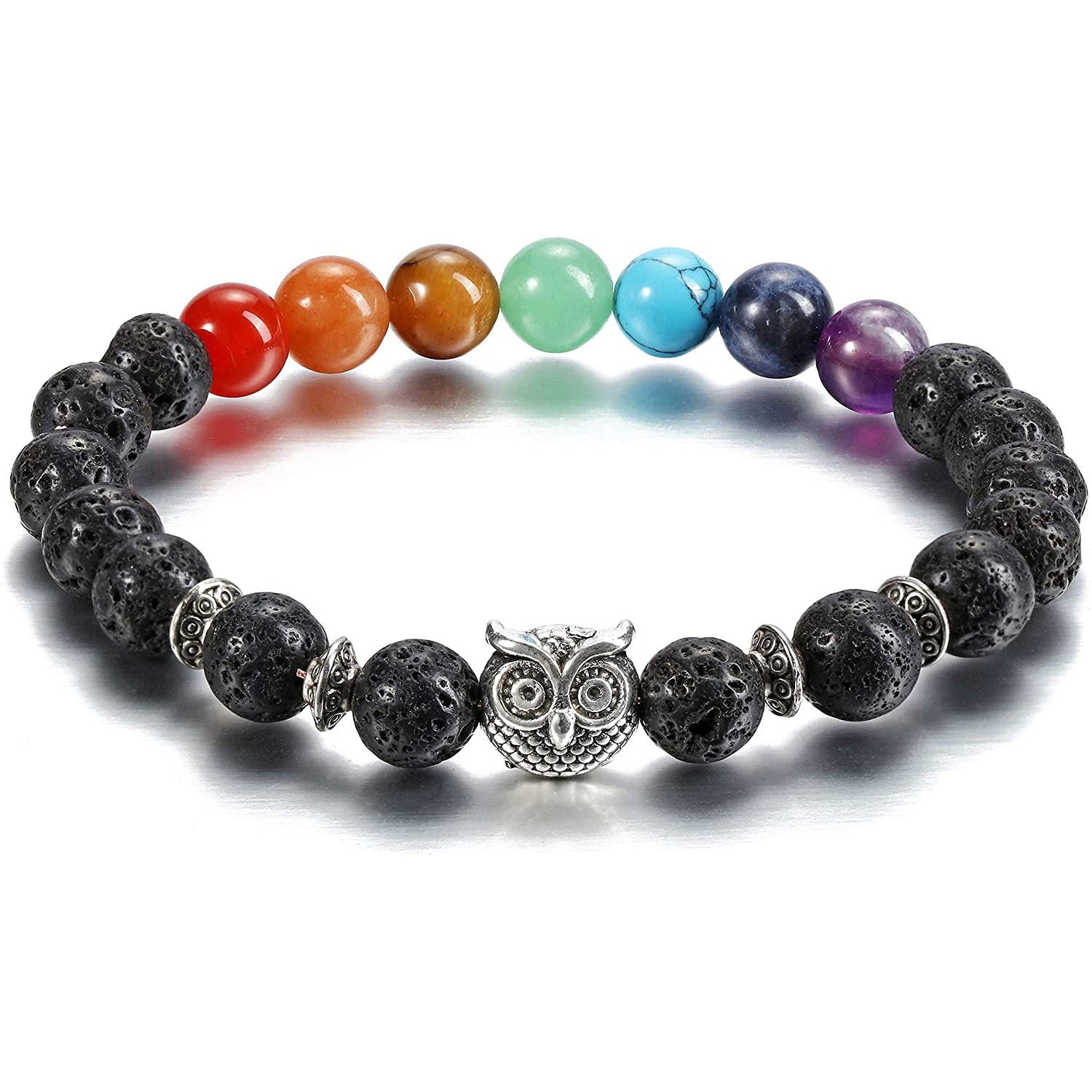 Colorful Tiger Eye Owl Bracelet Natural Stone8mm Bead Spacer Bracelet Volcanic Pink Crystal Owl Bracelet
