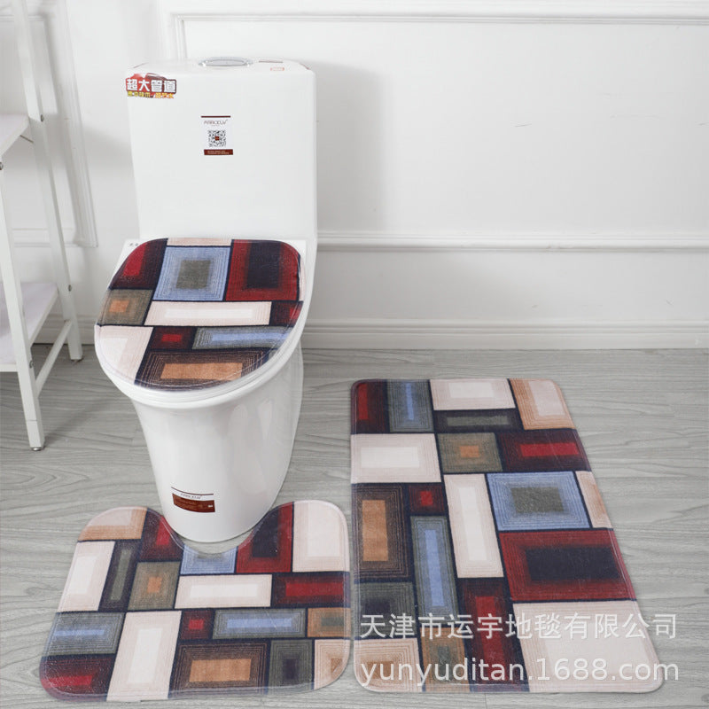 Coral Fleece Toilet Three-Piece Set Bathroom Mat Flannel Water Absorption Non-Slip Foot Mat Manufacturer Label