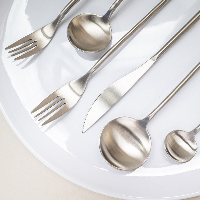 Japanese Style ins304Stainless Steel Thickened Round Dessert Spoon Western Cutlery Set Long Handle Fruit Fork