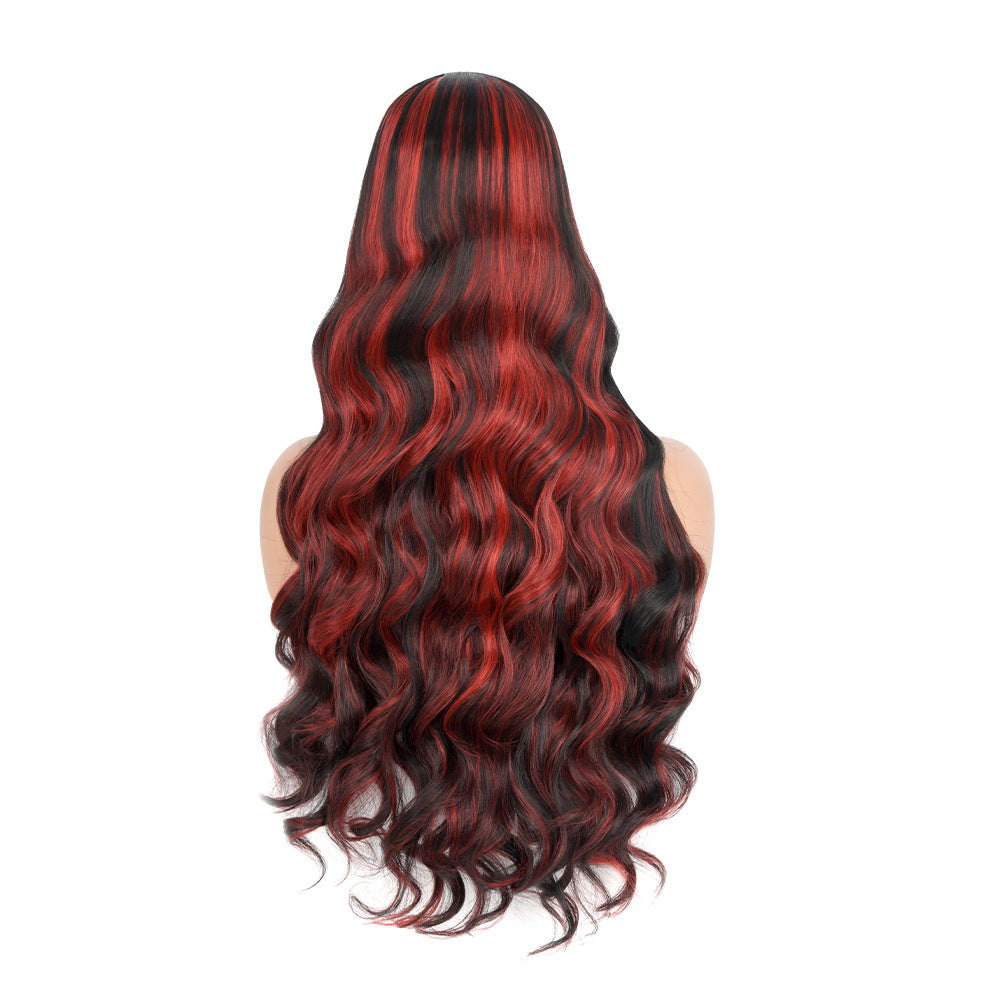 Wig for Women, Front Lace, Wavy Long Curly Hair, Red and Black Gradient Color, High-Temperature Fiber, Synthetic Hair Wig, European and American Cross-Border