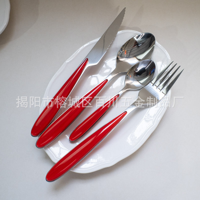 18/10Western Cutlery Set Stainless Steel Knife Fork Spoon Dopamine Color Long Handle Spoon High Aesthetic Home Use