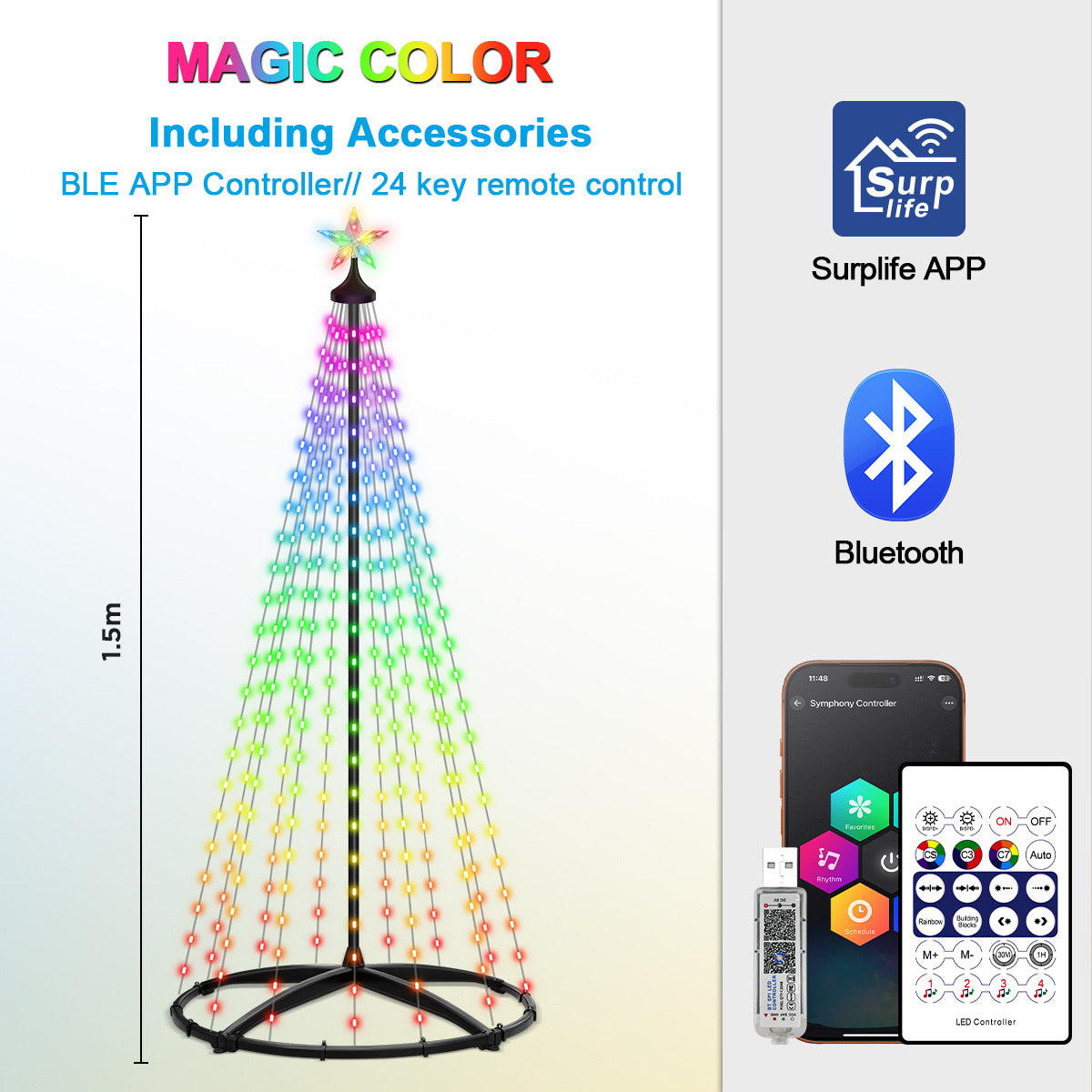 Christmas Tree Decoration Light Bluetooth Stand Tree Light Christmas Lighting Garden Decoration Light Pentagram Waterfall Light USB Style