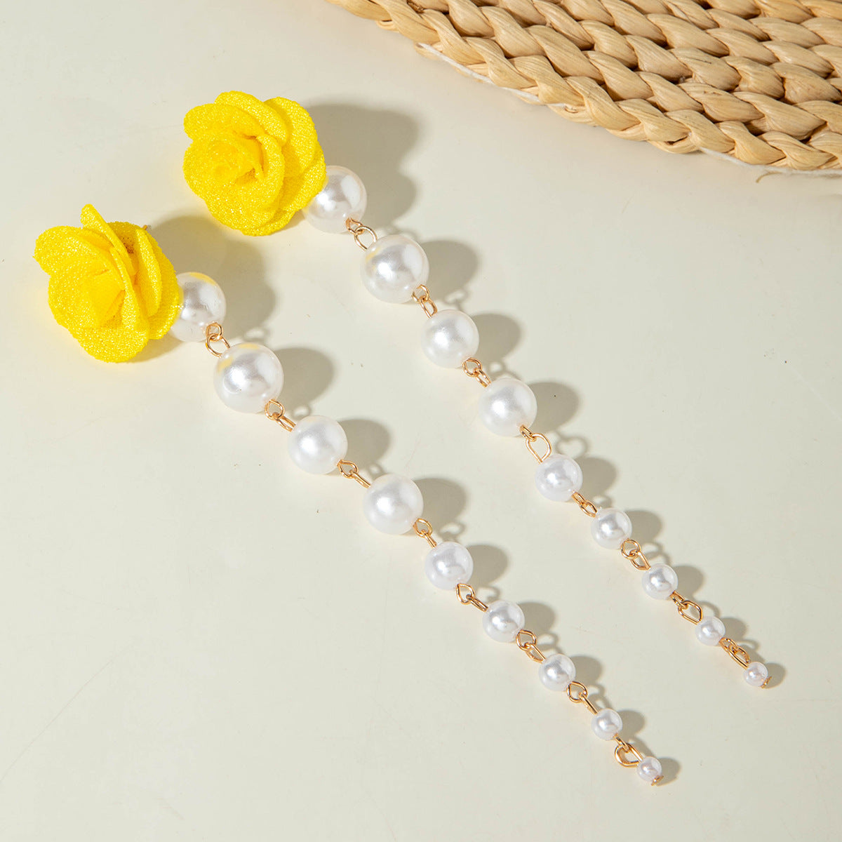 European and American Fresh Fabric Colorful Pearl Earrings Sweet Rice Bead Tassel Tulip Flower Earrings