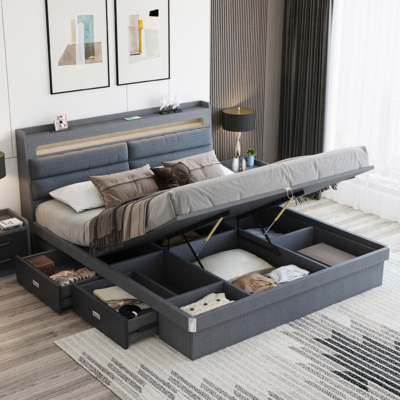 Factory Custom Tech Fabric Bed1.8Gray High Box Storage Bed for Bedroom Double Bed, No Paint Needed, Storage Artifact