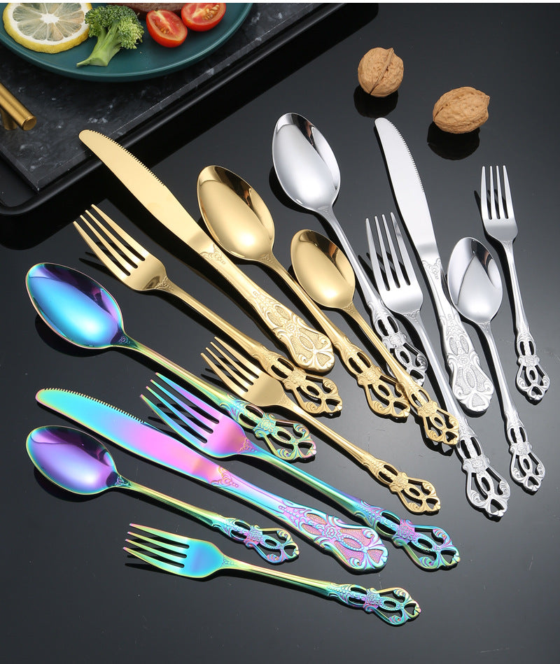 Stainless Steel Cutlery Restaurant Royal Court Knife Fork Spoon Set Hotel Western Cuisine European Retro Relief Steak Knife Fork