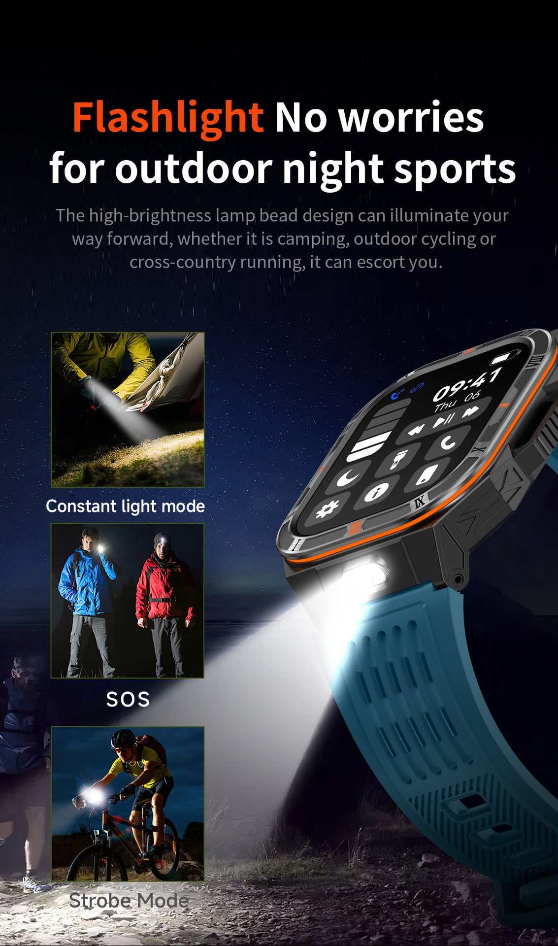 HT38Smart Watch Bluetooth Call Heart Rate Pedometer Sleep Flashlight Deep Waterproof Large Battery Three-Proof Sports