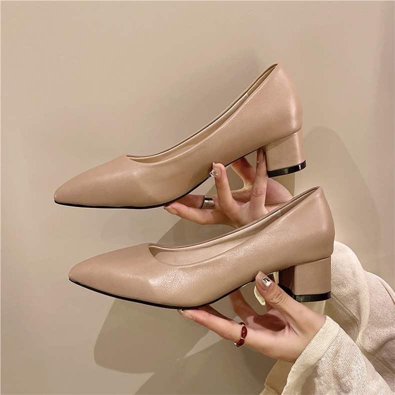 Etiquette Black Large Size High Heels Shallow Mouth Pointed Toe Non-Chafing Single Shoes Women Chunky Heel Professional Versatile Mid-Heel Work Shoes