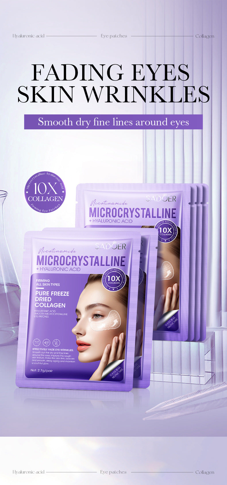 Hyaluronic Acid Microcrystalline Eye Wrinkle Patches SADOER Reduce Eye Fine Lines Eye Mask Cross-Border Wholesale