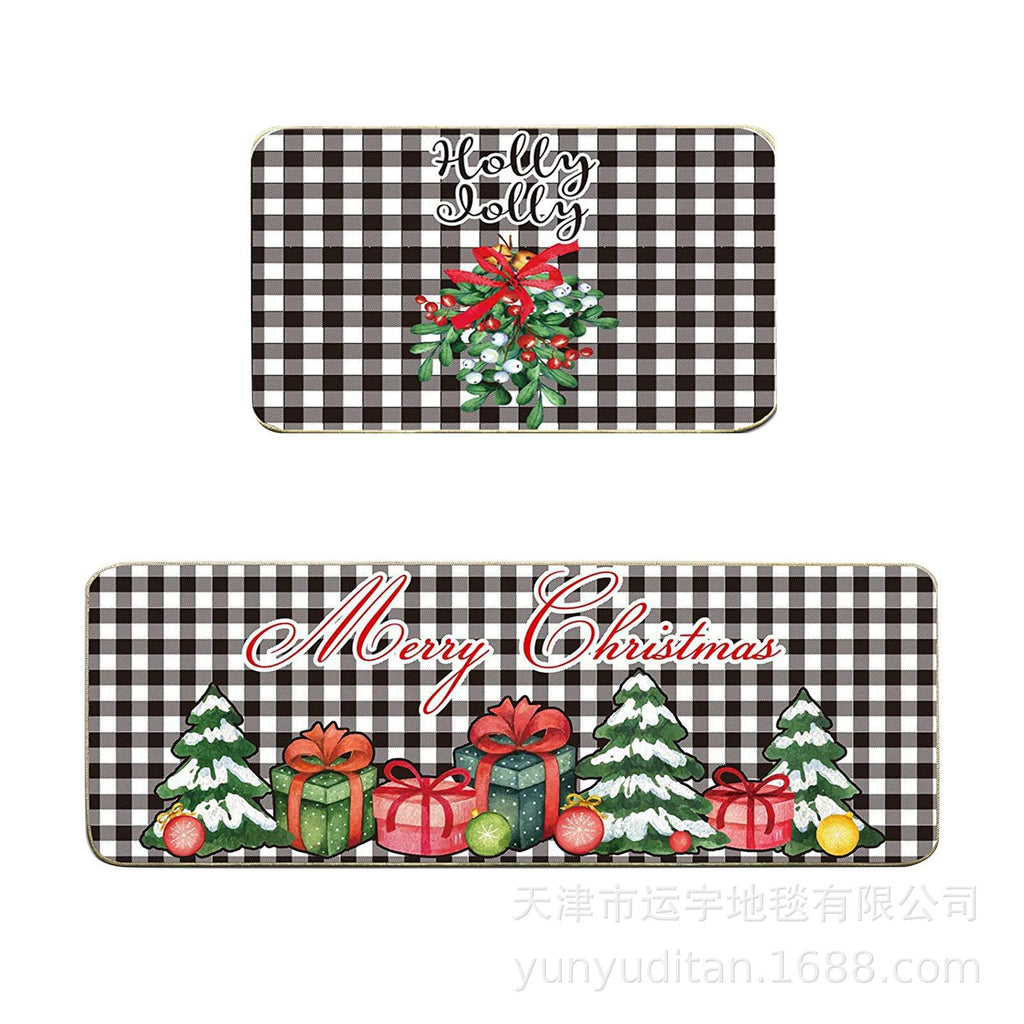 Christmas Kitchen Floor Mat Two-Piece Set Crystal Velvet Water-Absorbent Oil-Absorbent Non-Slip Foot Mat Holiday Decorative Floor Mat