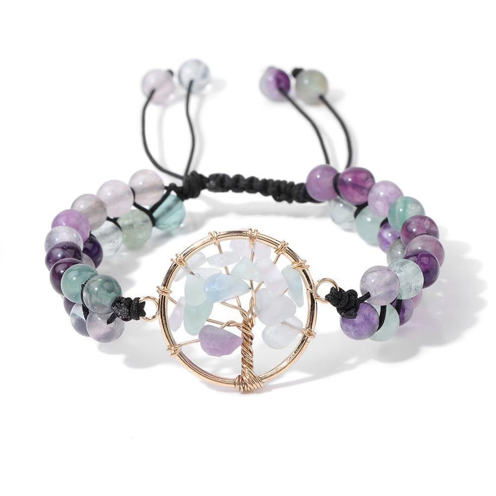Double Row Braided Amethyst Bracelet Crushed Stone Tree of Life gold Wire Wrapped Adjustable Green Aventurine Tree of Life Bracelet
