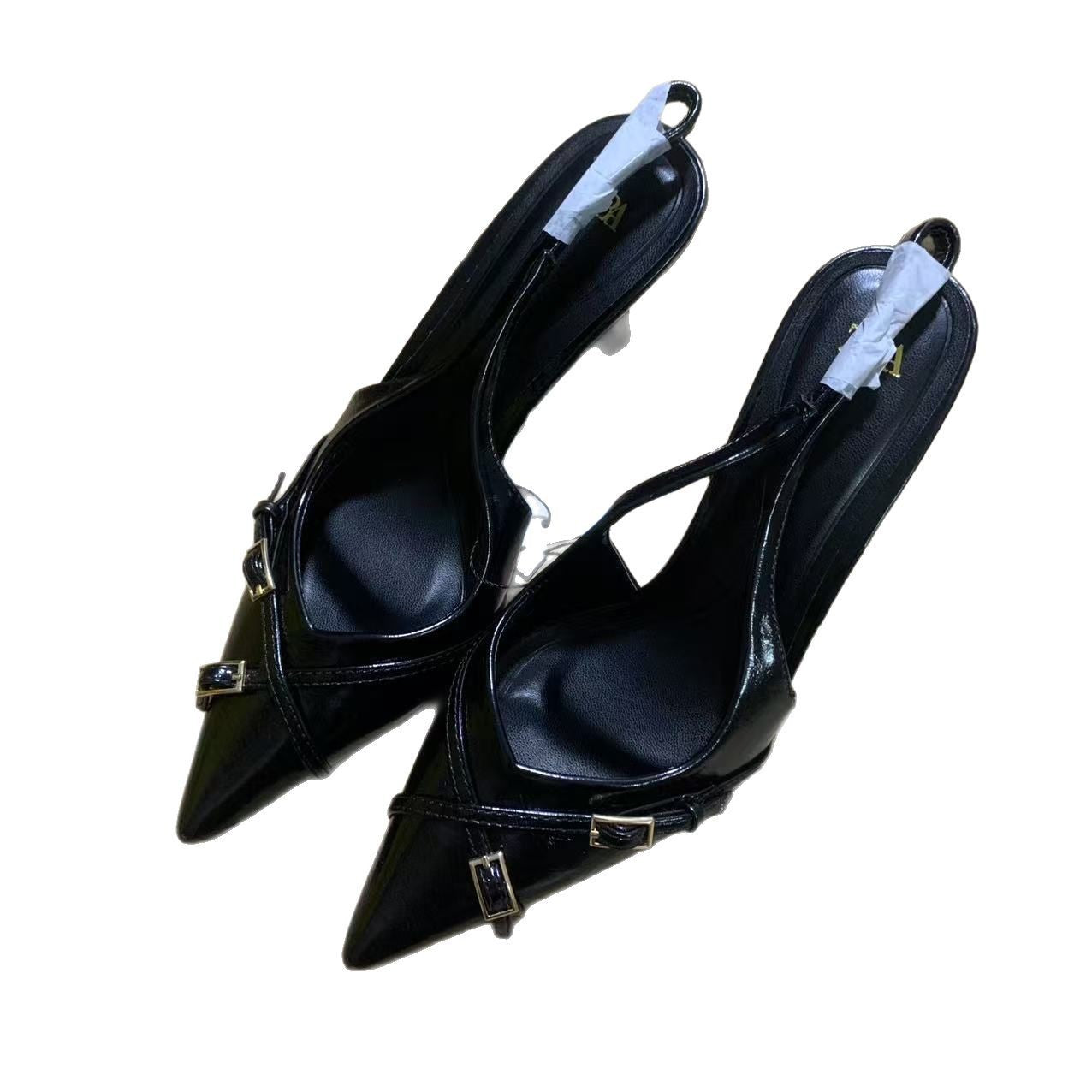 ZA2025New Black French Cross Buckle Fashion High Heels Women Pointed Toe High Heels Outdoor Back Strap Hollow Shoes