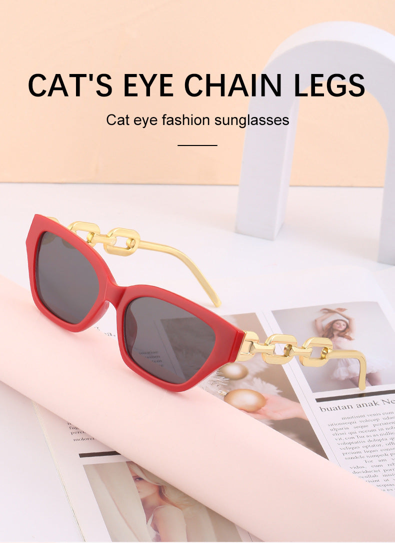 European and American Small Frame Cat Eye Sunglasses for Women, New High Altitude Style, Internet Celebrity Thick Chain Sunglasses, Trendy Women's Glasses Wholesale