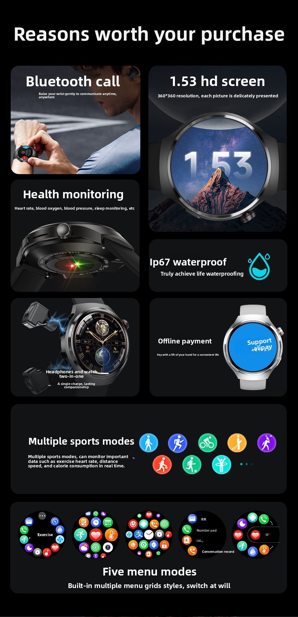 DK56Smart Watch1.52inch Bluetooth Call True Heart Rate Pedometer Sleep Monitoring Hidden Earphones Sports