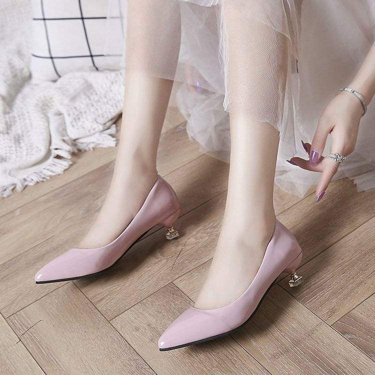 Low Heel High Heel Shoes Shiny Leather Cat Heel Shoes for Women3cm Stiletto Low Heel Korean Style Elegant Pointed Toe Small Heel Single Shoes Work Shoes