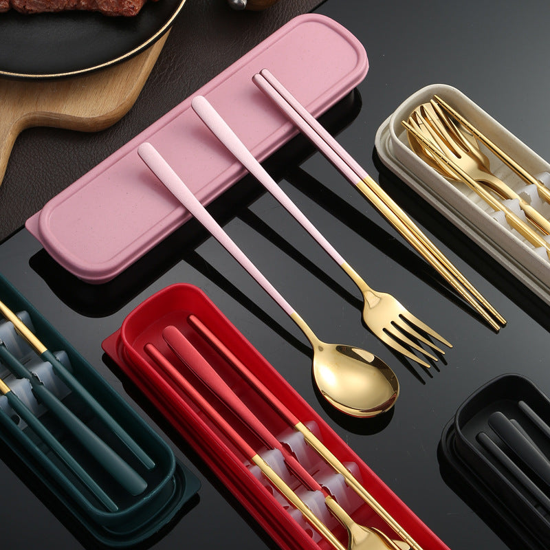 304Stainless Steel Tableware Student Korean Portable Tableware Office Worker Outdoor Spoon Fork Chopsticks Four-piece Set