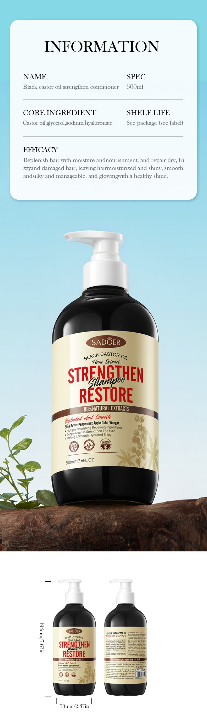 Black Castor Oil Shampoo SADOER Care Nourishing Smooth Anti-Dandruff Shampoo Cross-Border Wholesale