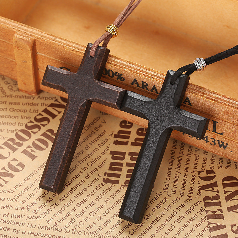 European and American Cross Sweater Chain Couple Long Necklace Gift Velvet Rope Pendant Vintage Wooden Cross Necklace