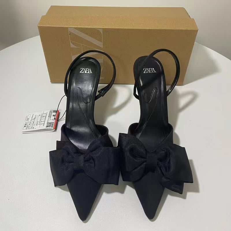 Summer New Style Socialite Black Bow Decorated Stiletto High Heels Pointed Toe Backless Single Shoes Party French Sandals ZA