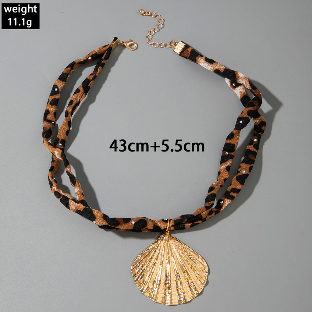 European and American Style Ocean-themed Cross Conch Starfish Pendant Leopard Print Exaggerated Necklace Collarbone Chain Jewelry