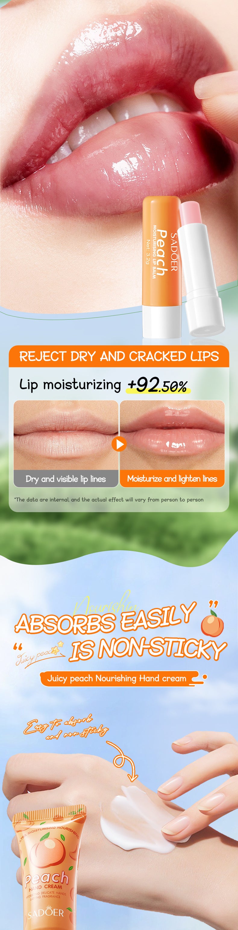 Full English Peach Hand Cream Lip Balm Set SADOER Nourishing Autumn and Winter Hand Cream Lip Balm  Wholesale