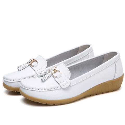 Soft Sole Loafers for Women, Waterproof Leather Casual Wedge Flat Shoes with Rubber Sole for Middle-Aged Moms