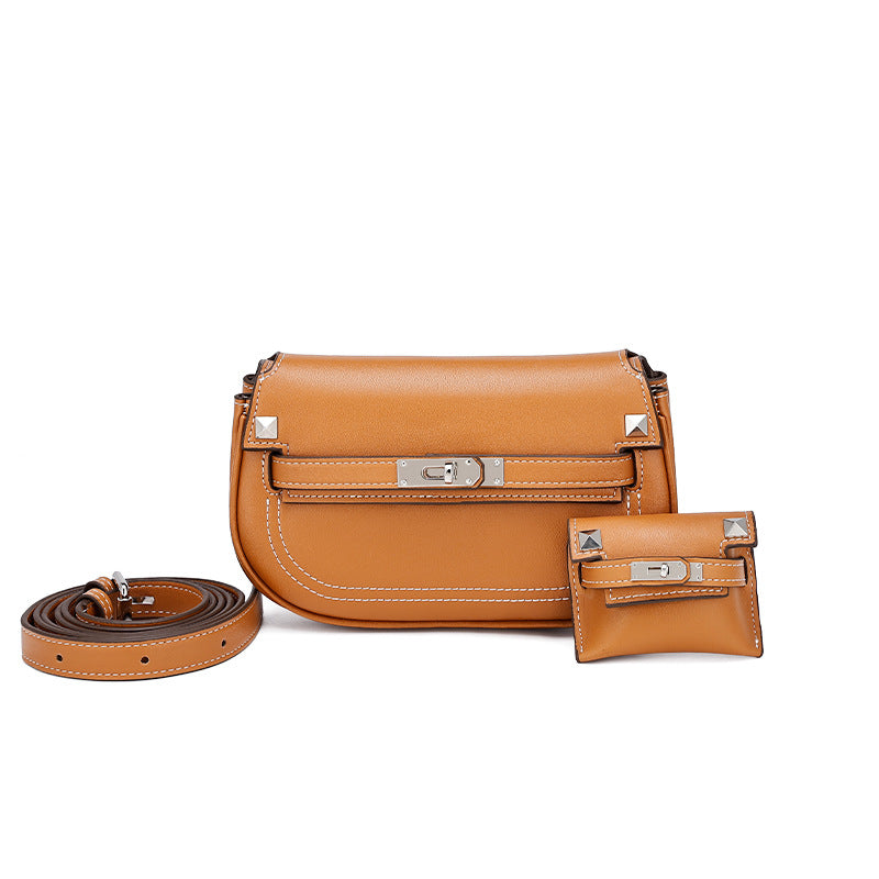 European and American Style Casual Women's Small Crossbody Bag2025New Fashionable Lightweight Single Shoulder Crossbody Bag with Buckle Genuine Leather Kelly Bag