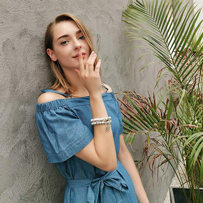 Three-layer Protection Shoushan Stone Bracelet Set Bohemian Leaf Tree of Life Pendant Indian Agate Women's Bracelet