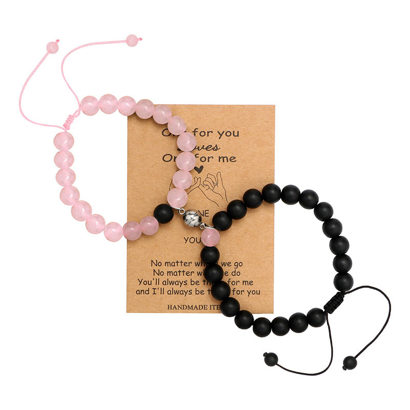 New Couple Card Bracelet Pink Quartz Volcanic Stone White Pine Heart Magnet Pink Quartz Couple Bracelet