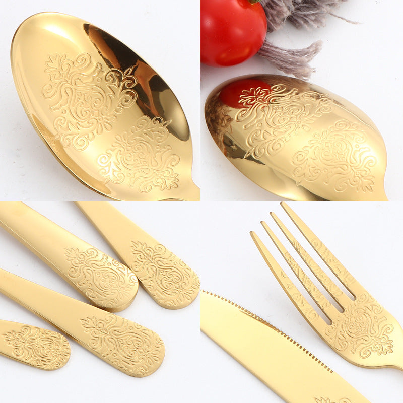 Stainless Steel Cutlery Set1010Double Flower Relief Knife, Fork, and Spoon24Set of Western Steak Knives and Forks