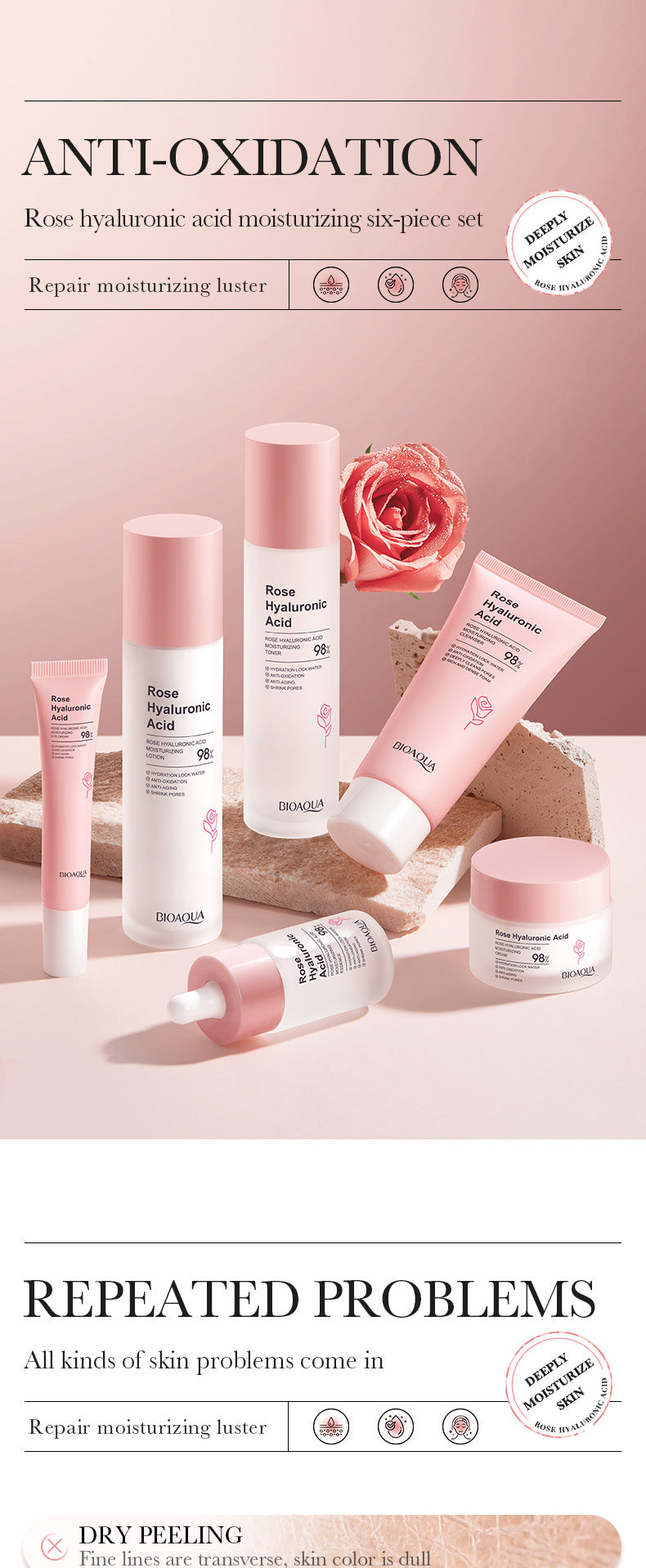 Full English Rose Skincare Set BIOAOUA Hyaluronic acid moisturizing six-piece set  foreign trade wholesale