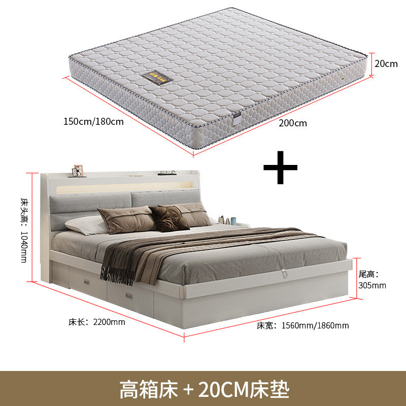 Fabric Bed1.5Small Apartment Master Bedroom Soft Pack Technology Fabric Modern Double Bed White Simple Solid Wood Storage Bed