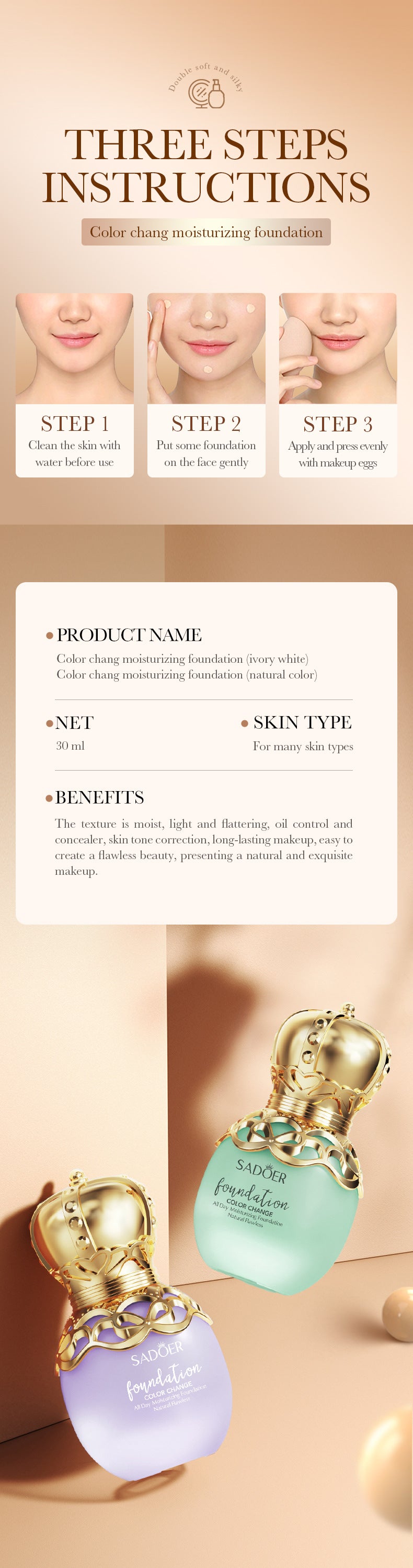 Makeup SADOER Concealer foundation with temperature-changing skin tone that doesn't easily come off BB Wholesale Cross-Border Foreign Trade Frost